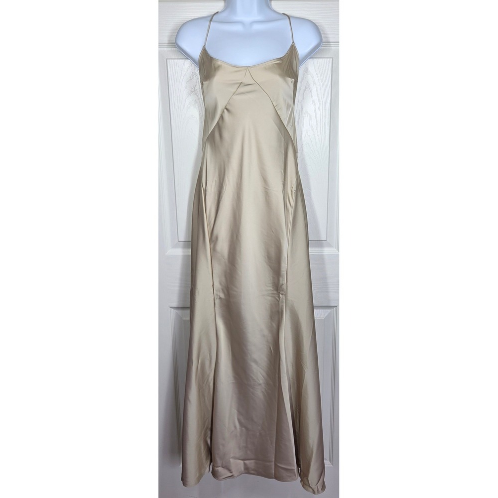 Gap Studio Satin Slip Dress Champagne Beige Maxi Formal Strappy Back Size 8 Chic